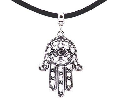JewelTime Large Filigree Hamsa Hand with Evil Eye and Adjustable PU Leather Cord Choker