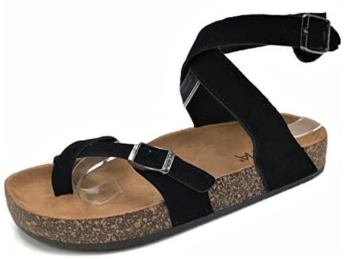 Womens Slip On Ankle Wrap Cork Sole Slide Sandal With Buckle, Black PU, 9