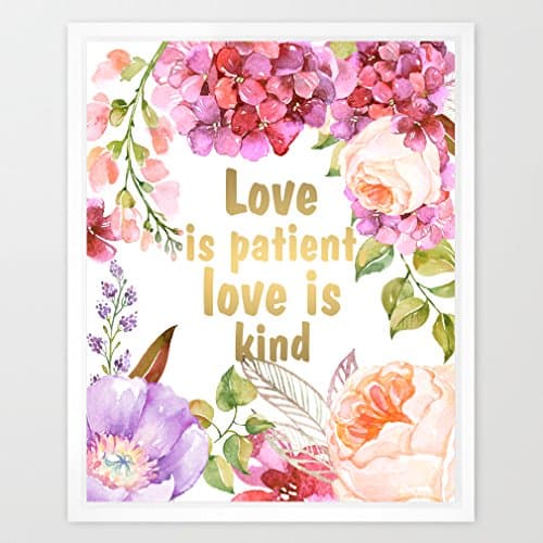Eleville 8X10 Love is patient love is kind Real Gold Foil and Floral Watercolor Art Print (Unframed) Bible Quote Verses Kids Wall Art Housewarming Inspirational Holiday Birthday Wedding WG042