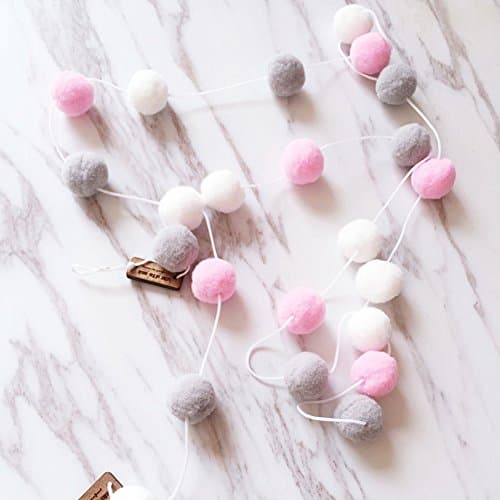 Wool Felt Ball Garlands,2M 30PCS Multicolor Handmade Pom Pom Garland Wall Hanging for Kids Room Nursery Birthday Party Halloween Decoration (White+pink+gray)