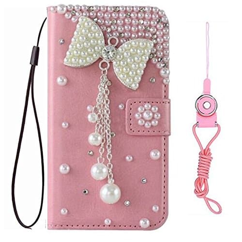 Huawei Honor 7X case, Huawei Mate SE case,Bling handmade Girls fashion Leather Filo slots Wallet Flip Protective Case Cover &amp; strap for Huawei Honor 7X / Huawei Mate SE (Pink bowknot tassel)