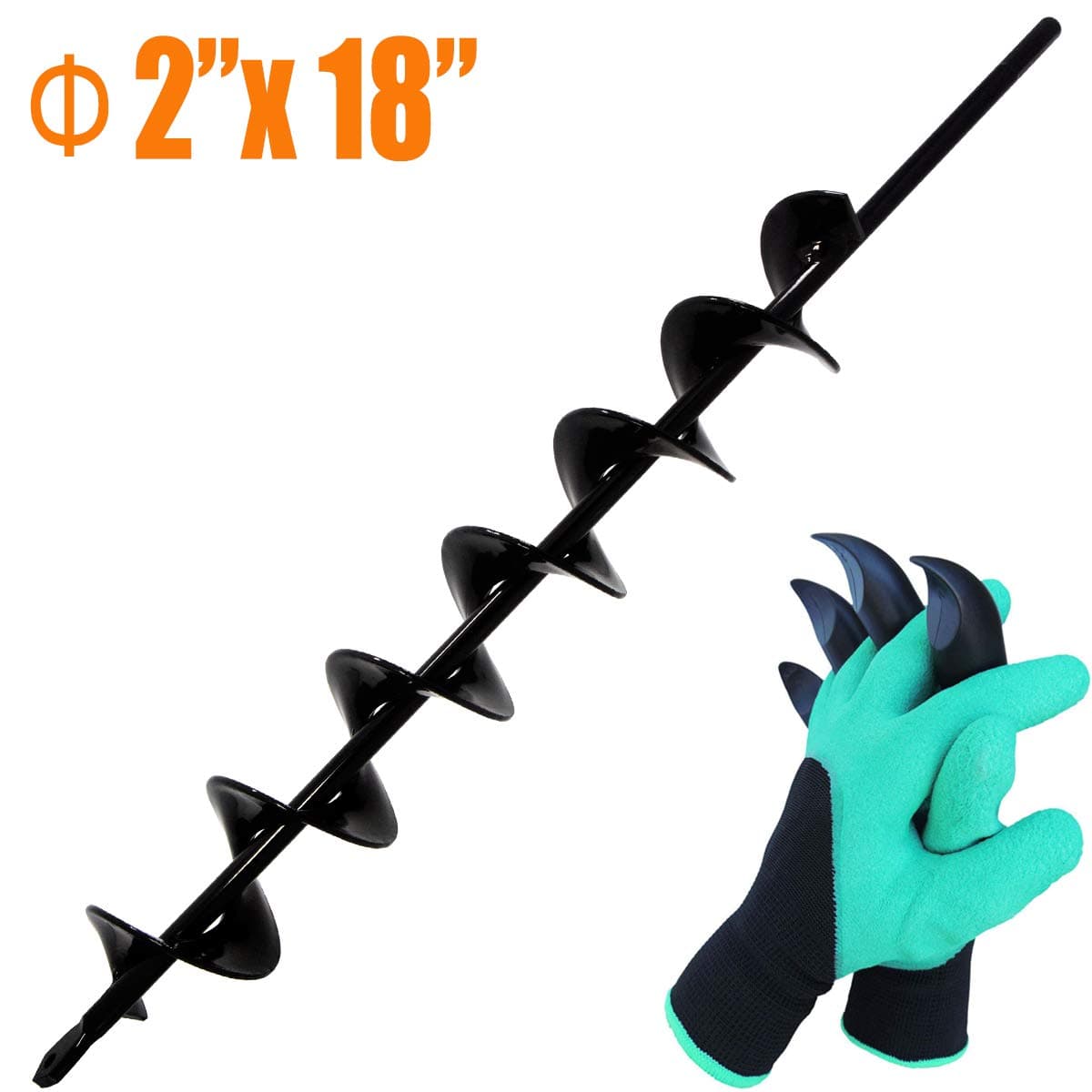 Koopi Auger Drill Bit for Planting, 2" x 18" Garden Plant Flower Bulb Auger, Rapid Planter for 3/8" Hex Drive Drill, Post Hole Digger with Bonus Garden Genie Gloves （Advanced Blade）