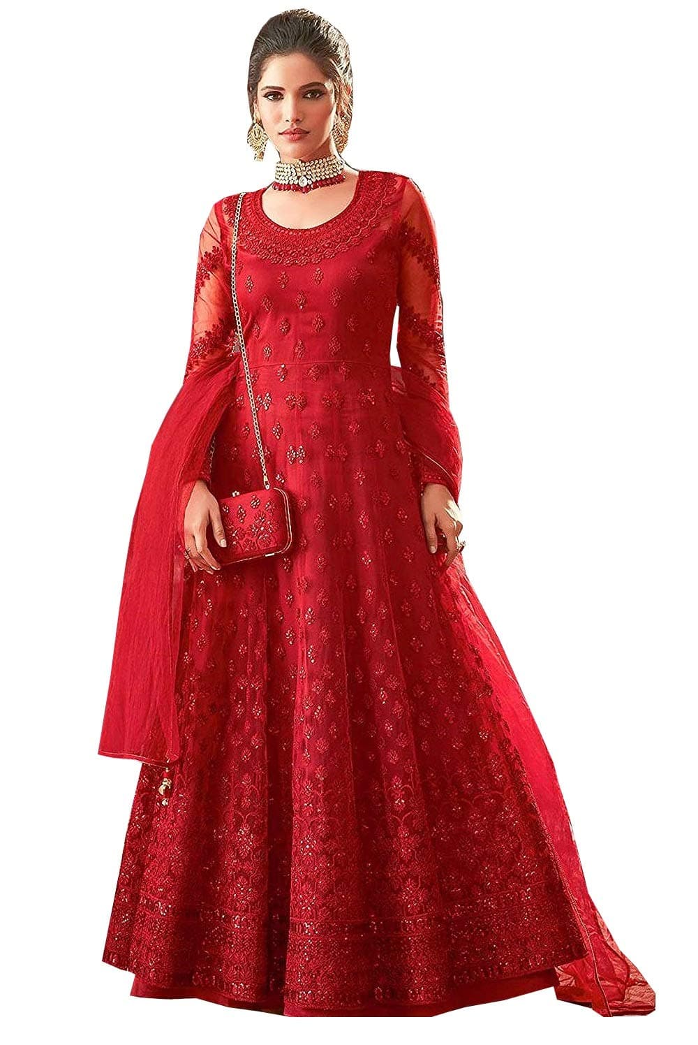 Women Net Embroidered Semi Stictehd Gown (H44_Free Size)