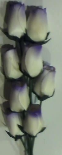 Realistic Bouquet of 8 Wire Stem Ivory & Purple Roses in Cellophane Sleeve - So Realistic It Is Hard to Believe They Are Made From Thin Shaved Wood!