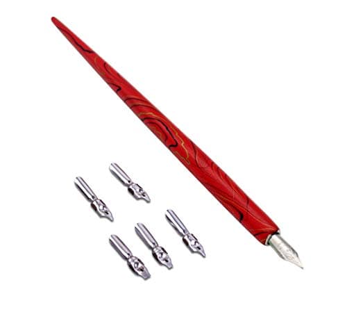 Wooden Calligraphy Dip Pen, Wood English Calligraphy Pen Copperplate Script Oblique Dip Pen Holder with 5 Different Nibs, Red
