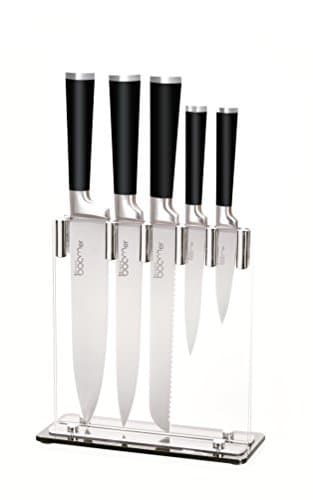 Kitchen Knife Set Block Knives - Stone boomer 6 Piece Black Handle Stainless Steel - 8" Chef, 8" Bread, 8" Carving, 5" Utility, 3.5" Paring, Stand, Razor Sharp!!!