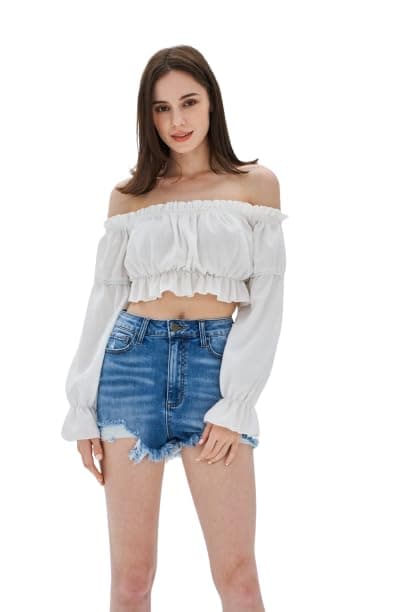 GenericWomen's Sexy Off Shoulder Long Sleeve Shirt Ruffle Trim Blouses Crop Top