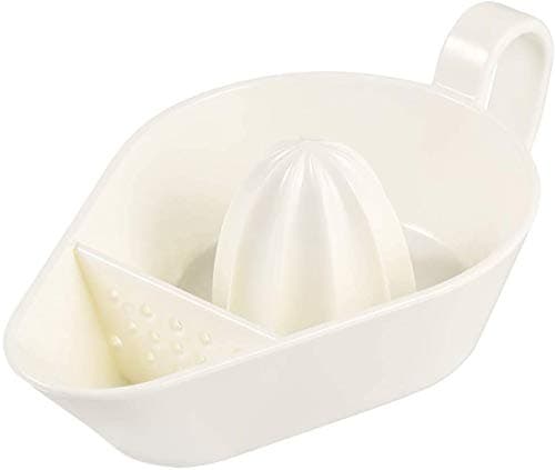 Manual Juicer Stainless Steel Juice Orange Lime Lemon Fruit Squeezer Maker Strainer with Bowl Handle Pour Spout for Home Bar Kitchen (white)