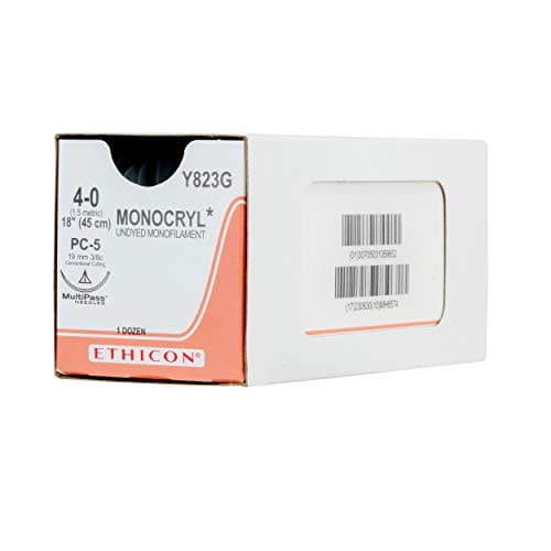 EthiconY823G Poliglecaprone 25 Suture, Synthetic Absorbable, PC-5, 3/8 Circle Needle, Size 4-0, 18" Size