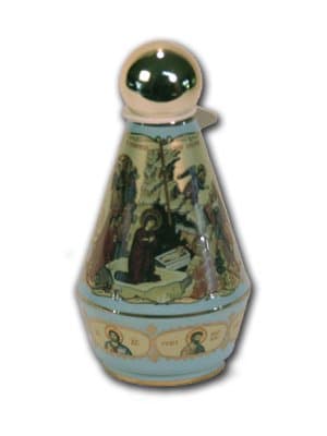 24 KT Gold Overlay Icon of Nativity (Birth of Christ) Ceramic Holy Water Bottle (Greece)