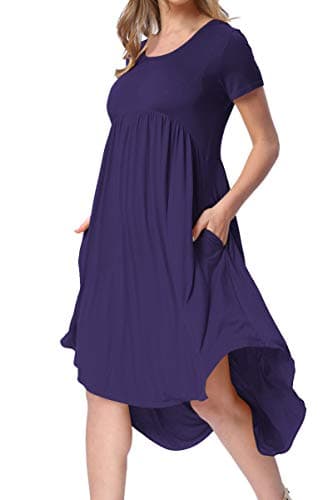 Women's Pockets High Low Pleated Loose Swing Casual Midi Dress