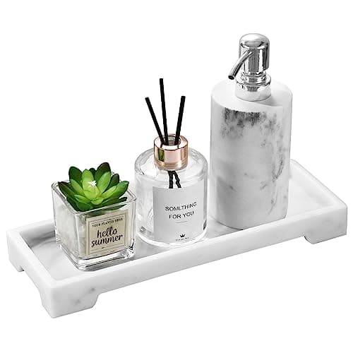Luxspire Bathroom Tray, Resin Marble Pattern Tray, Vanity Organizer for Tissues, Candles, Soap, Towel, Plant, etc - White Marble