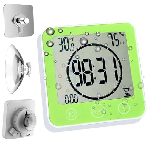 Touch Screen Shower No Falling Digital Alarm Clock Mirror Suction Wall Mounted Waterproof Bathroom Clock with Timer Temperature Humidity Monitor (Green)