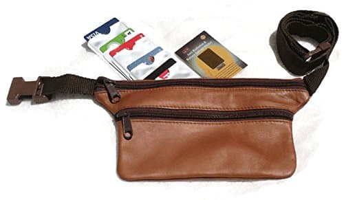Top Grain, Brown Color, Cowhide Leather Fanny Pack Money Belt Passport Carrier Zip Pouch Travel Bag Currency Carrier Emergency Preparedness Item *Plus* 5 Rfid Block Credit Card/debit Card Shield Protector Sleeve Cases **Plus** One Anti-radiation & Battery Salvage Sticker 24k Plated for Cell Phone
