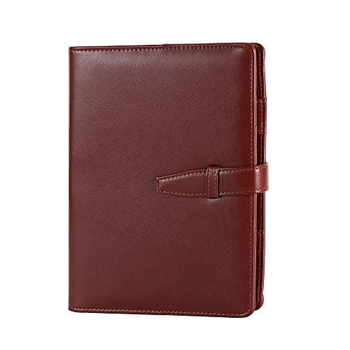 Grope Travel Refillable Notebook Soft PU Leather Cover A5 6 Ring Planner Inserts Loose Leaf Writing Journal Lined with Card Bags 80 Sheets 160 Pages (Red Brown)