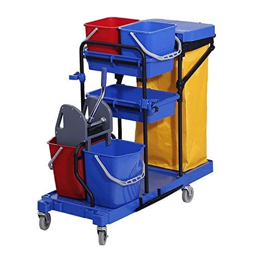 Chiner Helena Multifunctional Cleaning Trolley Complete Professional Double Bucket Cleaning Cart with Press, Side Cubes, Extra Large Canvas Bag with Lid, Wheels and Robust Steel Frame