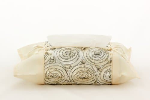 Two Tone Flower Tissue Box Cover Handmade By Thai Silk and Satin Fabric (Size 16" X 16") - Cream
