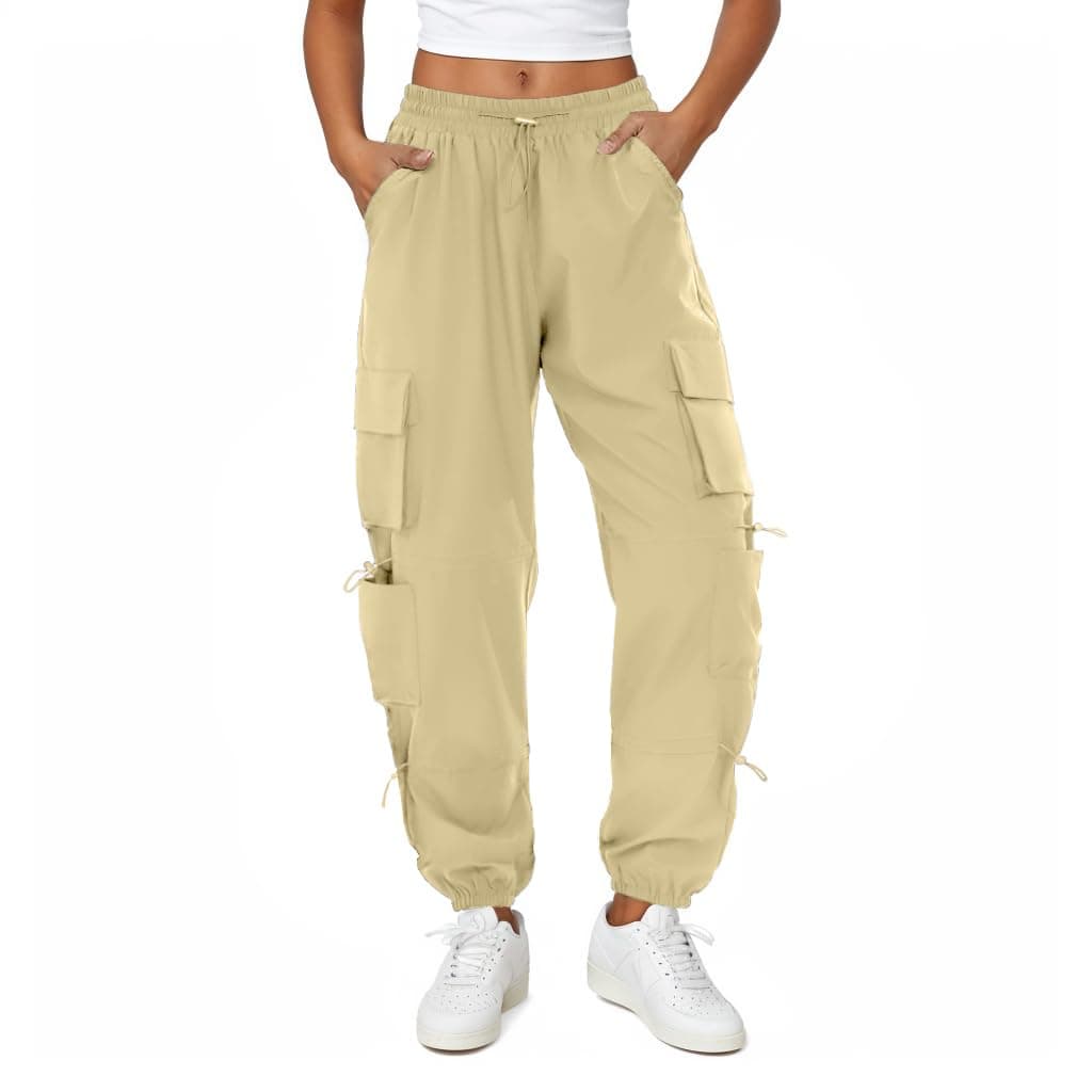 Womens Parachute Cargo Pants with Pockets Quick Dry Hiking Pants Lightweight Water-Resistant Baggy Joggers