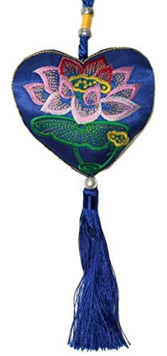 Lucore Chinese Lucky Lotus Flower and Good Fortune Decoration - 4 Inch Heart Shaped Feng Shui Hanging Pouch, Ornament and Charm (Blue)
