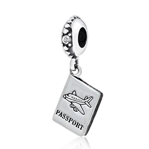 Soulbead 925 Sterling Silver World Travel Passport with Clear Crystal Stones Dangle Bead for European Bracelet Compatible (Airplane Charm Passport)