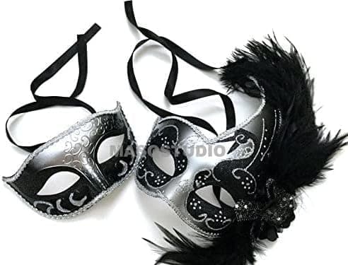 MasqStudioCouples Black Gold Masquerade Ball Mask Pair Feather Mardi Gras Party Valentines Gift for Her (Black Silver M)
