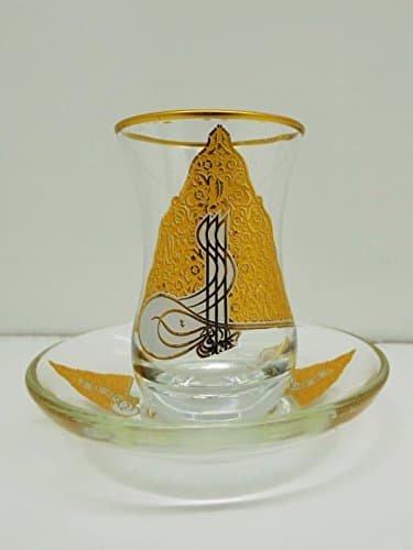 Art Glass " Gold Triangle Ottoman Sign" Tea Set 6 Glass 6 Plate