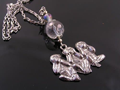 Three Wise Monkeys Necklace with Mystic Quartz and Labradorite