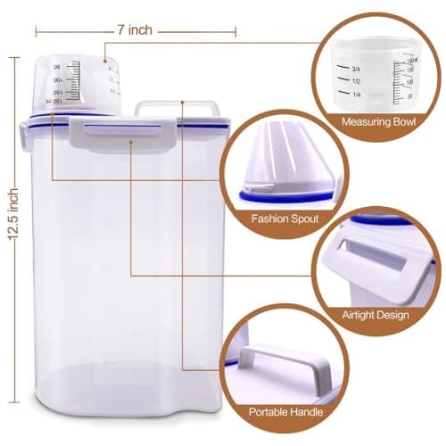TIOVERY Dog Food Storage Container Small, Cat Food Storage Container Airtight Plastic Dispenser with Graduated Measuring Cup, Pourable Spout and Portable Collapsible Dog Bowl for Pet Food, Birds Seed