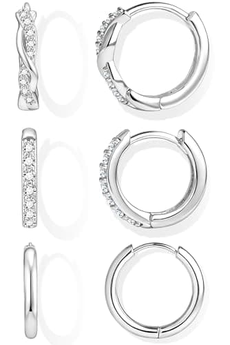 Inerney - Hoop Earrings Set for Women Dainty Sterling Silver Small Stud Earrings for Multiple Piercings Hypoallergenic Jewelry Braided Cubic Zirconia Cartilage Earrings for Women