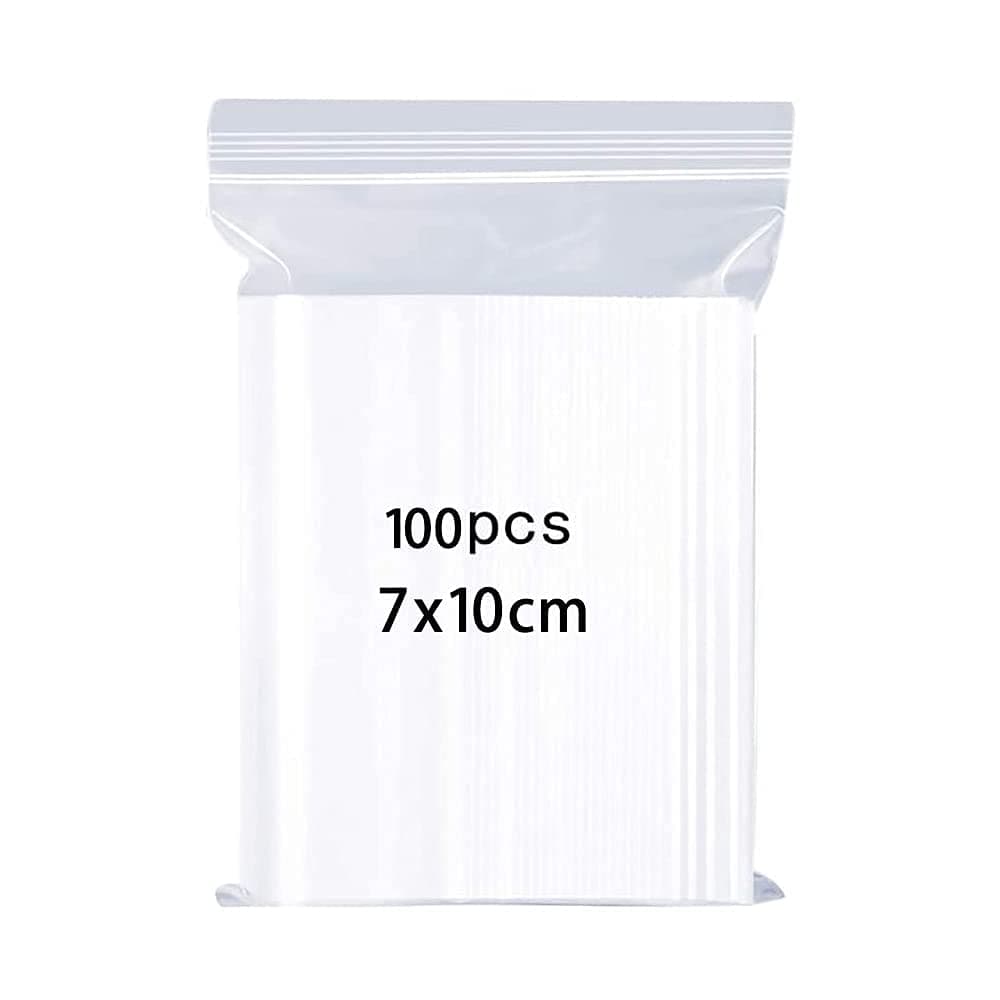 Volsha 100 Resealable Storage Pouches, Poly Zip Lock Bags, FOOD STORAGE BAG, Transparent, Zipper Closure, Food Grade Safe Polyethylene, 7x10cm, 100pcs