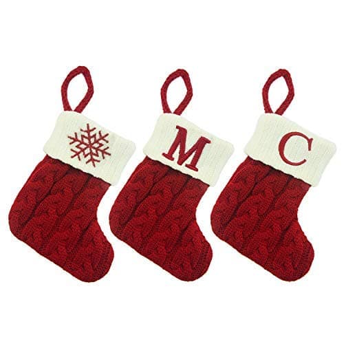 Mini Christmas Stocking 7" - Snowflake & Letters Random Matching | Knitted Candy Bags Holiday Treats, Rustic Silverware Holders Trees Hanging Socks, Home Ornament for Xmas Decor - 3 Pieces