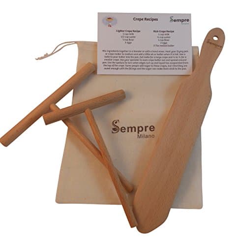The ORIGINAL Crepe Spreader and Spatula Set, Natural Beechwood 2 Piece Kit (7" Spreader and 13" Spatula) with Handy Storage Bag and Bonus Recipe Card by Sempre
