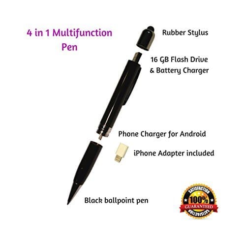 4 in 1 Multifunction Pen, Emergency Smartphone Power Charger, 16GB USB Flash Drive & Conductive Soft Rubber Stylus for Navigation