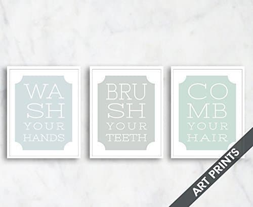 Vintage Bathroom Instructional Quotes (Wash, Brush, Comb) Set of 3-5x7 inch Unframed Art Prints (Featured in Soft Blue, Dove, Sea foam) Kitchen Art- Larger sizes available by choosing drop down menu