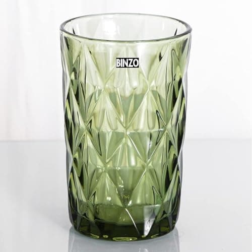 BINZO Color Water Glasses, Set of 6, 400 ml, Textured Green Highball Colored Glassware, Drinking Tumbler Glass for Juice, Drinks, Home, Kitchen, Beverage, Gift (Green, Long, 400 ml, Set of 6)