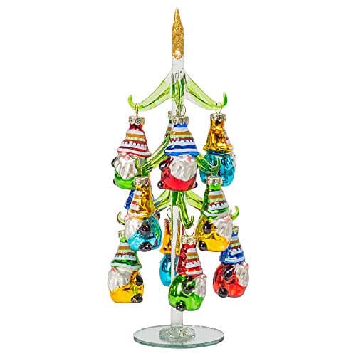 Red Carpet Studios Miniature Glass Christmas Tree with 12 Gnome Ornaments, 10-Inches