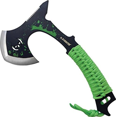 HUNTER Axe with Sheath Black Blade Green Blood Splatters & Cut Out Skull, 12"