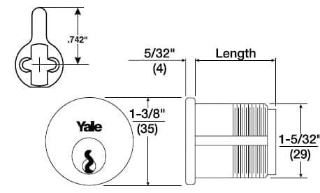 Yale 2153-E1R-626 1-1/8" Mortise Cylinder 0 Bitted with Yale Cam and 2 Key Blanks