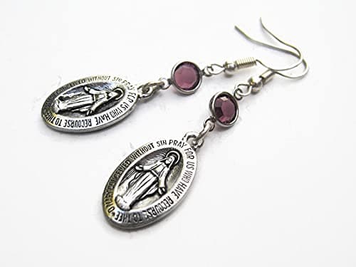 Virgin Mary Birthstone Earrings, Peronalized Miraculous Medal Earrings, Sterling Silver Plated Religious Charss, Birth Month Crystal
