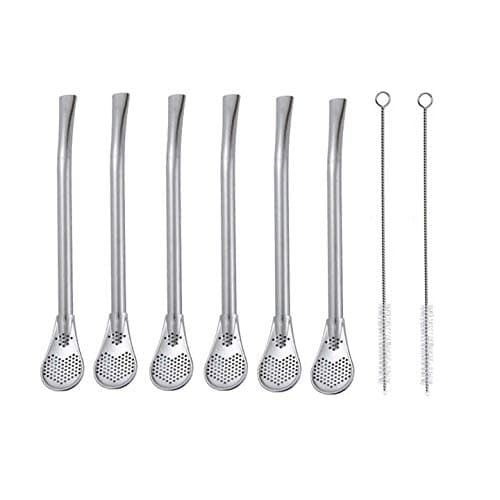MBB Stainless Steel 304 Drinking Spoon Straws Pack of 6 Silver Infuser Strainer Stirring Bombillas Yerba Mate Tea with 2 Cleaning Brushes