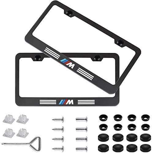 Fubai Auto Parts 2pcs M Style Stainless Steel License for BMW Plate Frame with Screw Caps Cover Set, Matte Black