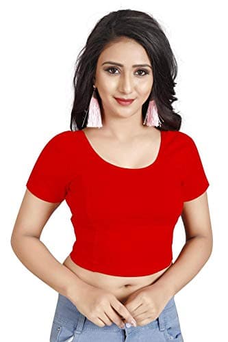 Indian Ethnic Design Stretchable Cotton Lycra Blouses Beige Tops Readymade Saree Blouses Short Sleeve Crop Top