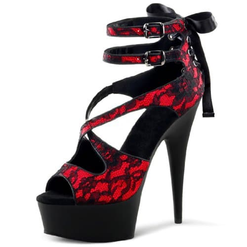 Black Lace and Red Satin Heels with Corset Lacing on Back and 6 Inch Heels Size: 7
