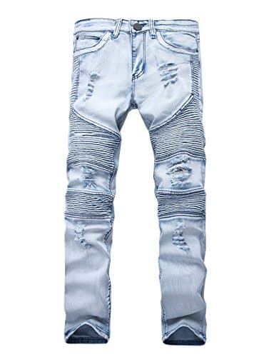 Enrica Men's Straight Slim Fit Ripped Distressed Jeans with Patches Pants