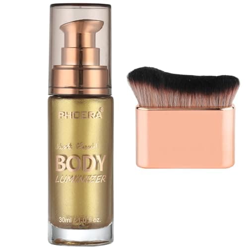PHOERA Body Shimmer Oil,Bronzer Body Glow Oil Shimmer Highlighter Luminizer with Makup Bursh,Self Tanning Lotion,1oz/Jars (102 Metallic Gold)