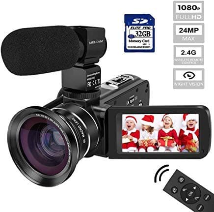 MELCAM Video Camera Camcorder with Microphone, IR Night Vision FHD 1080P 30 FPS YouTube Vlogging Camera Digital Video Camera Recorder with Wide Angle Lens, 32 GB SD Card,2 Batteries, Remote