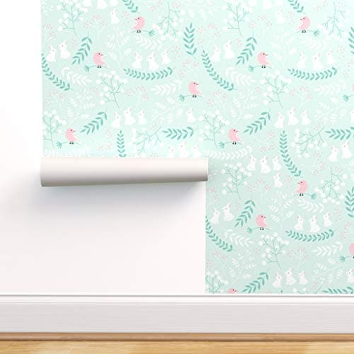 Spoonflower Non-Pasted Wallpaper, Rabbit Sweet Bunny On Mint Nursery Decor Hare Bird Flowers Berry Print, Swatch 12in x 24in