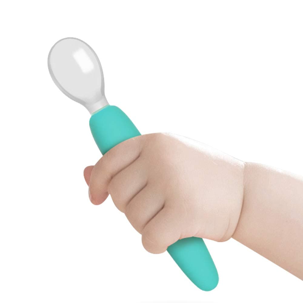 haakaa Toddler Forks and Spoons Set - Bendy Silicone Self Feeding Baby Utensils, Toddler Spoons Baby Training Spoons with Storage Case, Bluestone, 12+