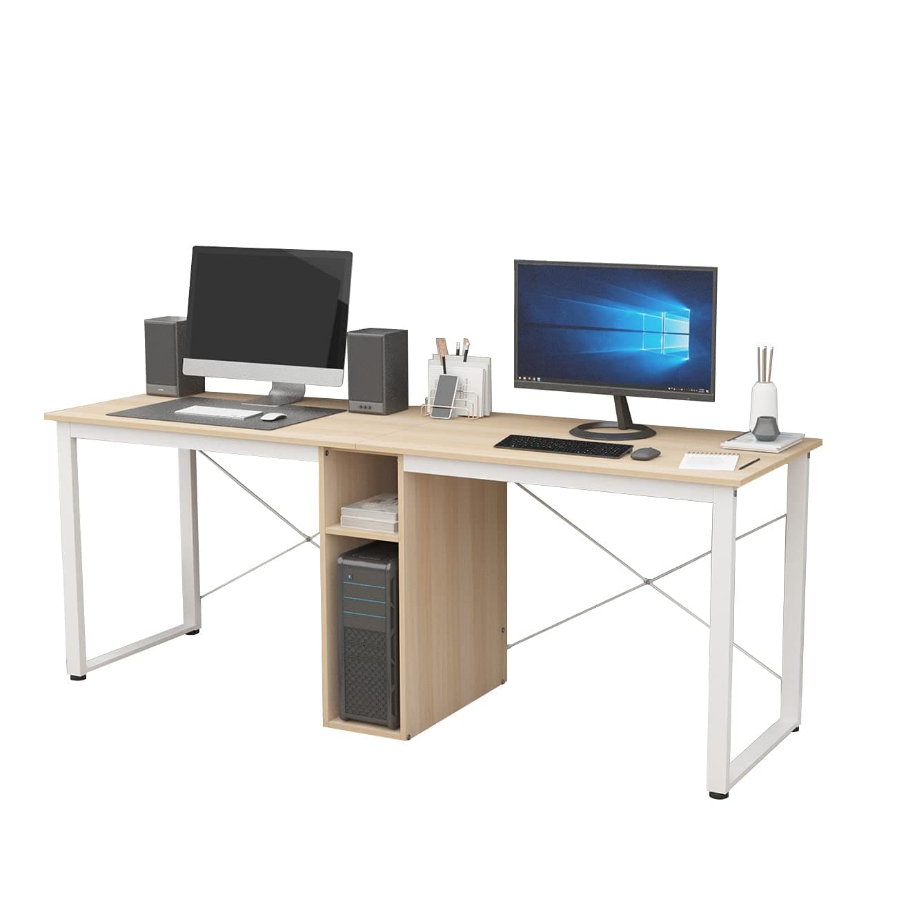 DlandHome Double Computer Storage Desk 78 inches Extra Large Home Office Desk Multifunction Gaming Table Workstation for Home Office, Maple LD-H01MO
