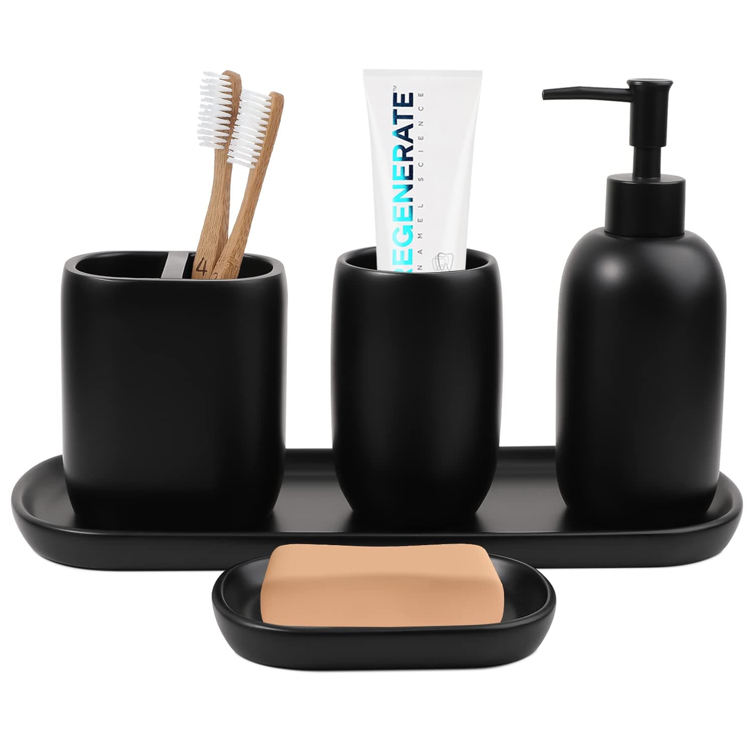 Bathroom Accessories Set, FoverOne 5PCS Resin Vanity Counter Accessories Set Complete with Toothbrush & Toothpaste Holder, Tumbler, Vanity Tray, Lotion Dispenser, and Soap Dish - Matte Black